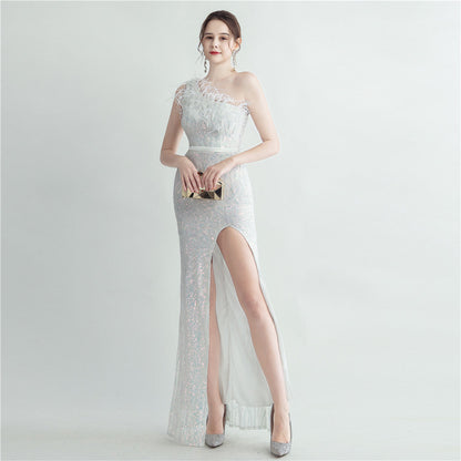 Heavy Industry Ostrich Hair Craft Bundle Hair Evening Dress with Oblique Shoulder Slit