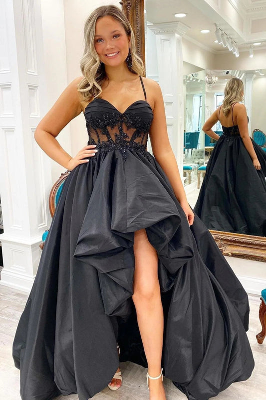 Aubrey | Schwarzes langes Ballkleid mit Applikationen und Hi-Low-Trägern