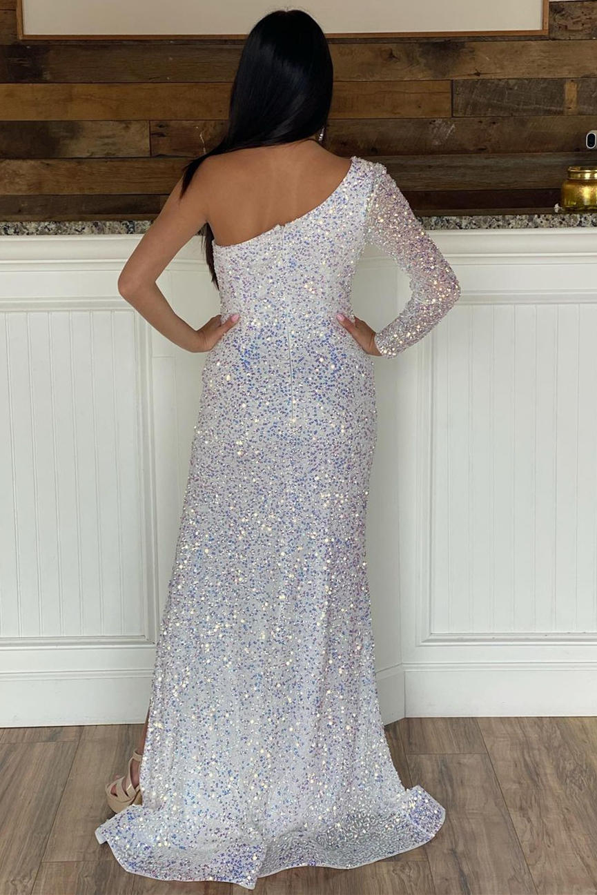 Vestido de fiesta largo con lentejuelas blancas de un solo hombro y abertura