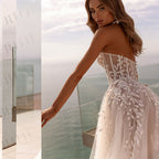 Fashion Strapless 3D Flower Lace Applique Wedding Dresses Sweep Train Custom Bridal Grown Vestido De Noival-payinti