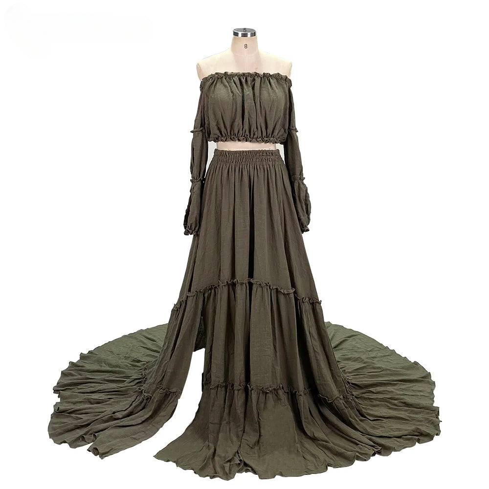 Elegantes schulterfreies Umstandskleid für Fotoshootings, langes Boho-Maxikleid mit elastischer Taille, Fotografiekleid SY220912 
