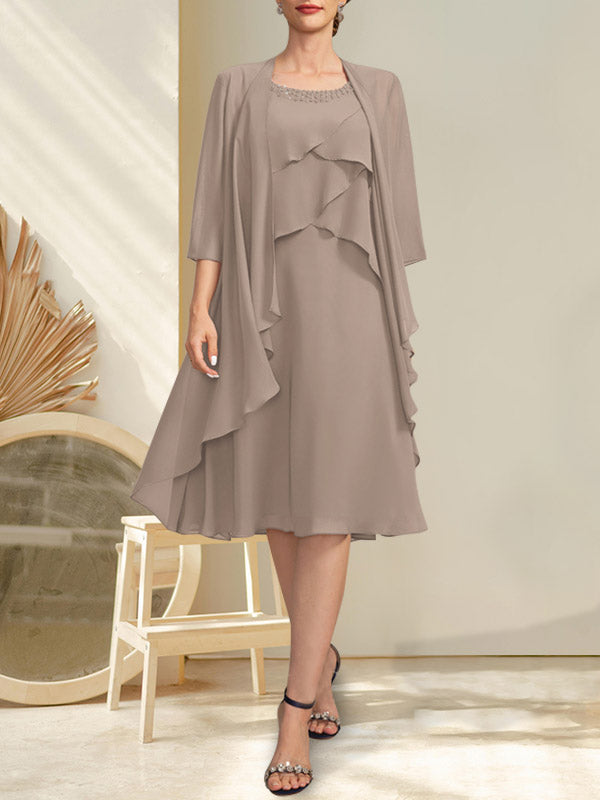 Vestido de gasa para madre de la novia con escote en A y escote redondo hasta la rodilla con cuentas