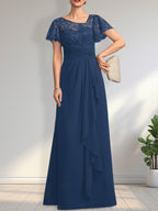 A-line Asymmetrical Illusion Floor-Length Lace Chiffon Mother of the Bride Dress With Cascading Ruffles Sequins