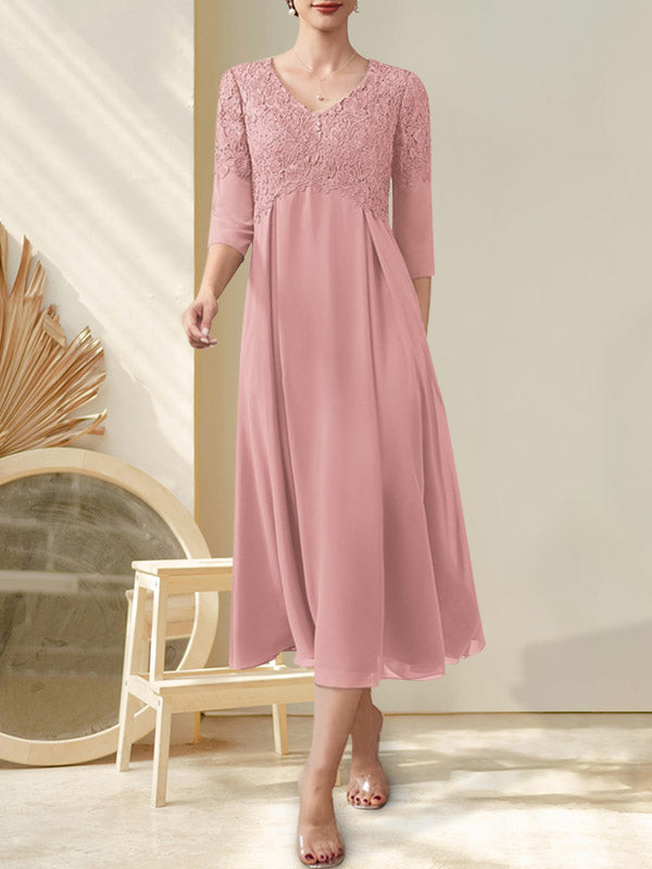A-Linie V-Ausschnitt Wadenlanges Chiffon-Spitzenkleid für die Brautmutter mit Perlenbesatz