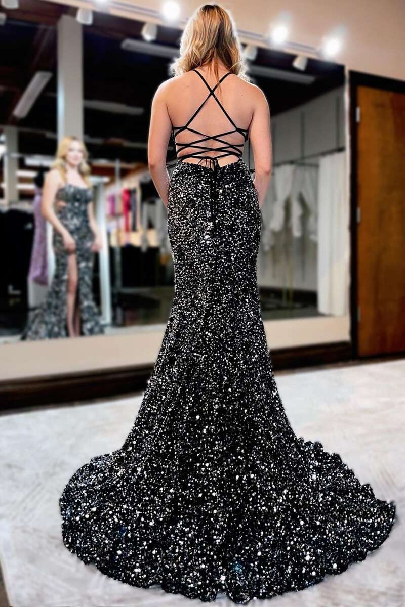 Langes Ballkleid im Meerjungfrau-Stil mit Pailletten, Schnürung am Rücken und Schlitz