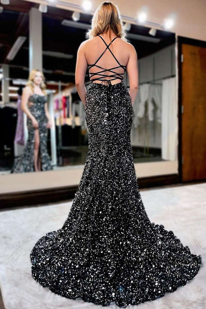 Langes Ballkleid im Meerjungfrau-Stil mit Pailletten, Schnürung am Rücken und Schlitz