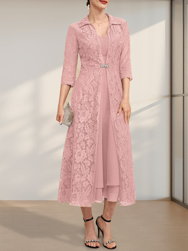 A-Linie V-Ausschnitt Wadenlanges Chiffonkleid für die Brautmutter
