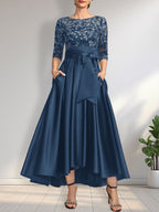 Vestido de madre de la novia de encaje satinado asimétrico con ilusión de corte A y lazo