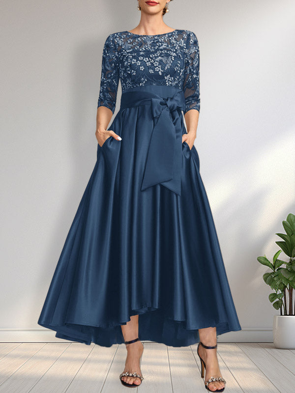 Vestido de madre de la novia de encaje satinado asimétrico con ilusión de corte A y lazo