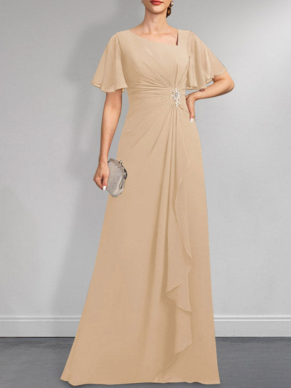 A-line Asymmetrical Floor-Length Chiffon Mother of the Bride Dress With Pleated Beading Sequins
