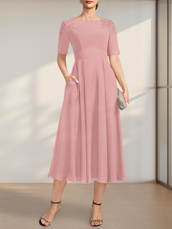 Vestido de gasa para madre de la novia, corte A, escote redondo, largo hasta la rodilla, con apliques de encaje y lentejuelas