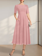Vestido de gasa para madre de la novia, corte A, escote redondo, largo hasta la rodilla, con apliques de encaje y lentejuelas