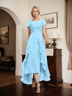 Vestido de madre de la novia de gasa asimétrica con escote en A, ilusión, encaje, lazo, volante y lentejuelas