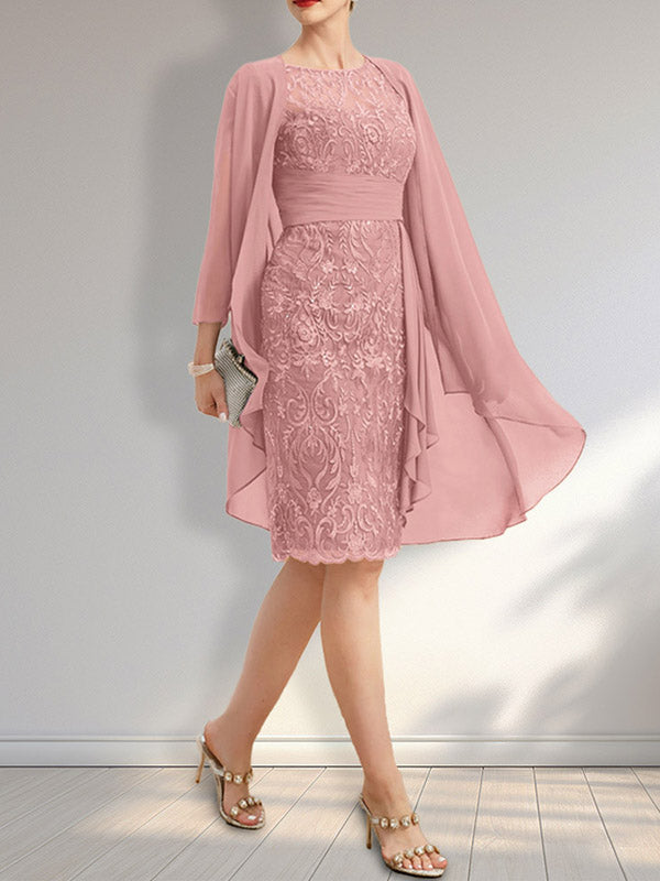 Vestido de madre de la novia de gasa con encaje, escote redondo, ilusión, largo hasta la rodilla, con volantes en cascada y lentejuelas