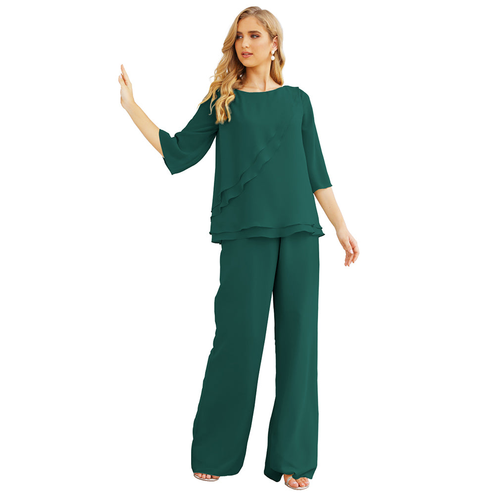 Sunnderly Chiffon Mother of The Bride Dress Plus Size Pant Suits Ruffle Layers