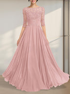 Vestido de gasa de encaje con escote en A y ilusión hasta el suelo para madre de la novia con lentejuelas plisadas