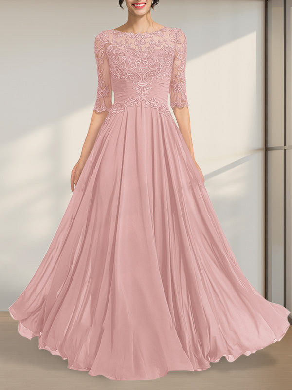 A-line Scoop Illusion Floor-Length Chiffon Lace Mother of the Bride Dress With Pleated Sequins