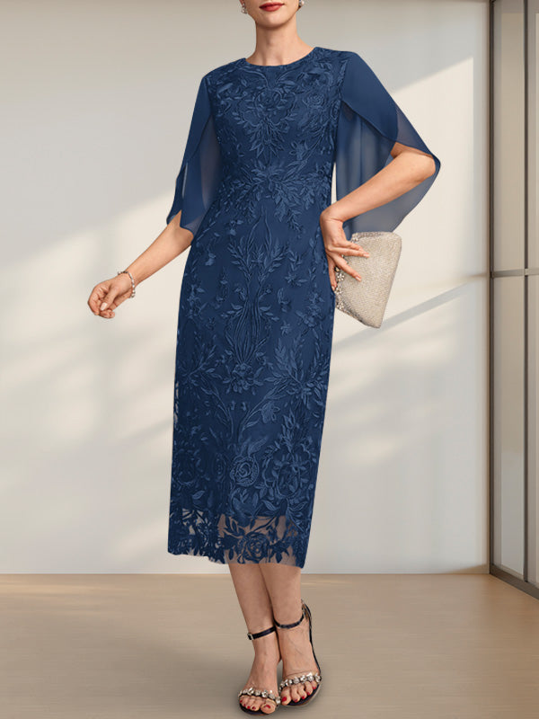 Vestido para madre de la novia de gasa con encaje, corte tubo, escote redondo y largo hasta la rodilla