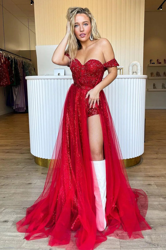 Tow Piece Off the Shoulder Red Sequins Long Prom Dresses
