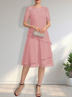 Vestido de gasa con encaje y lentejuelas para madre de la novia, corte A, escote ilusión, largo hasta la rodilla