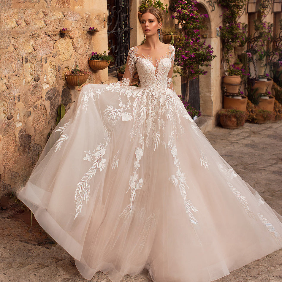Sexy V-Neck Applique Wedding Dress Lace 2023 Illusion Long Sleeve A-Line Princess Bride Dress Bohemia Vestido De Noiva Women's-payinti