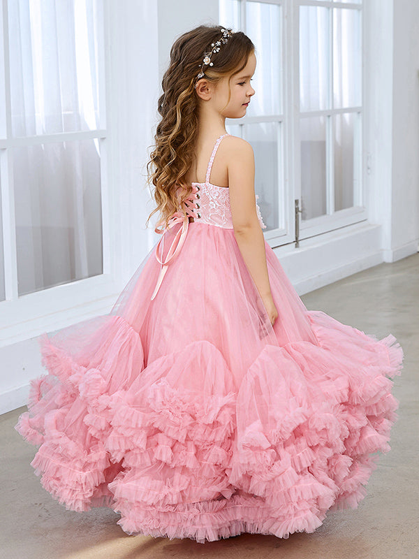 Vestido de niña de las flores rosa largo hasta el suelo de tul con corte en A