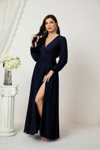 Vestidos de noche Sunnderly con escote en V profundo, gasa, para dama de honor, manga larga de obispo, abertura lateral, vestido formal SY2806 