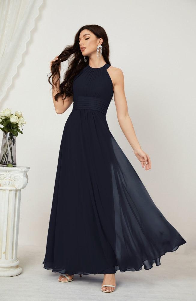 Vestido formal de fiesta Sunnderly de gasa con cuello halter, largo y sin mangas, para dama de honor SY2802 