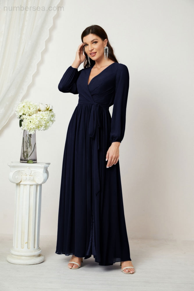 Vestidos de noche Sunnderly con escote en V profundo, gasa, para dama de honor, manga larga de obispo, abertura lateral, vestido formal SY2806 