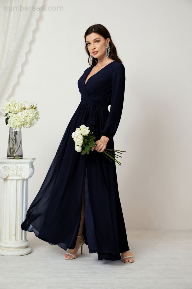 Vestidos de noche Sunnderly con escote en V profundo, gasa, para dama de honor, manga larga de obispo, abertura lateral, vestido formal SY2806 