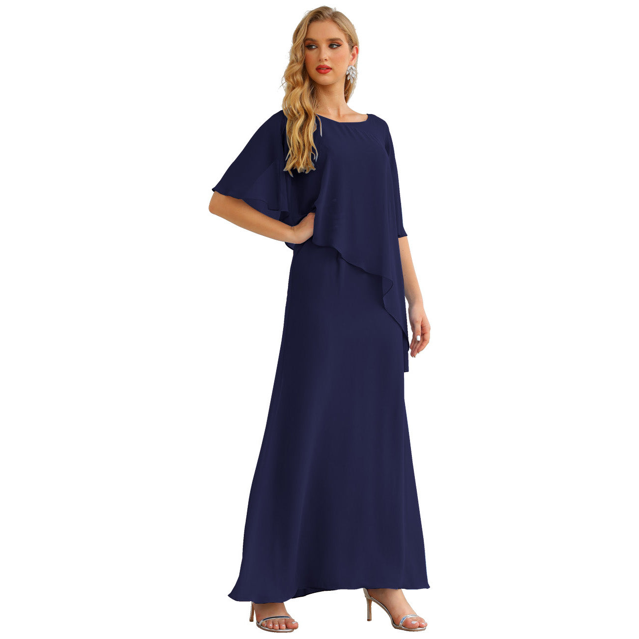Sunnderly Chiffon-Kleid für die Brautmutter in Übergröße, formelles Ballkleid mit Rüschenumhang