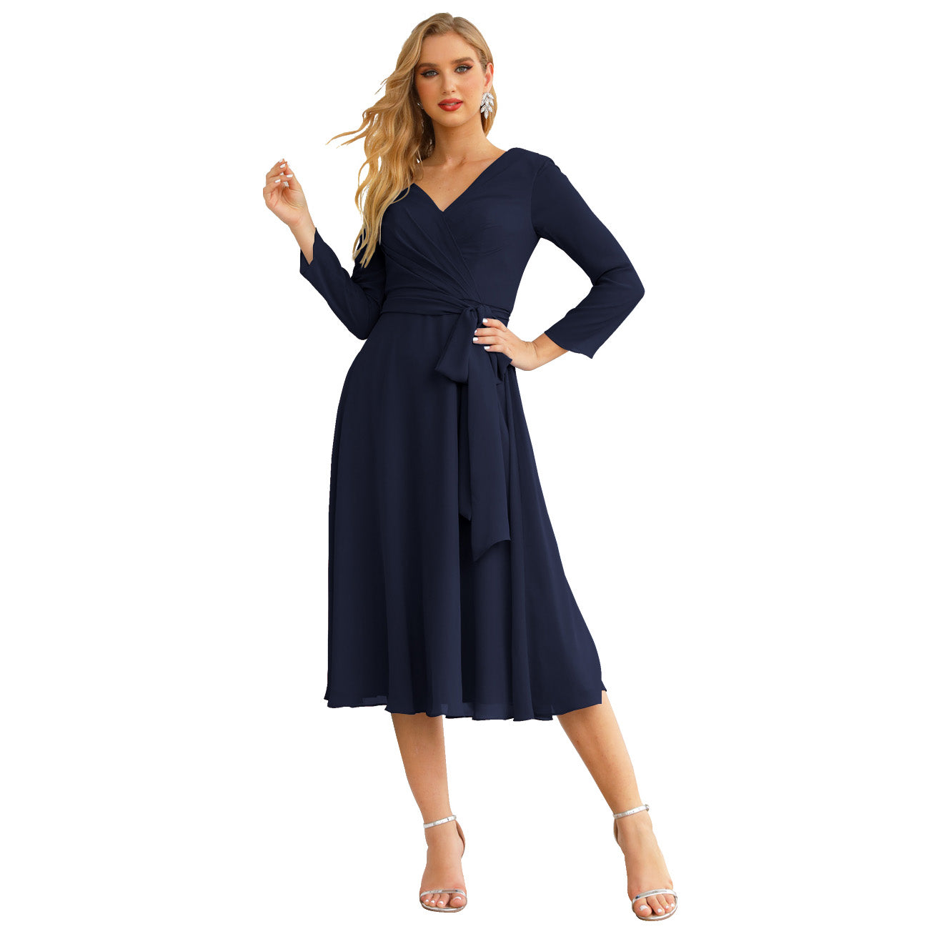 Sunnderly Chiffon Bridesmaid Dress V-Back Waist Belt Formal Prom Gown Mother of The Bride Wedding Guest