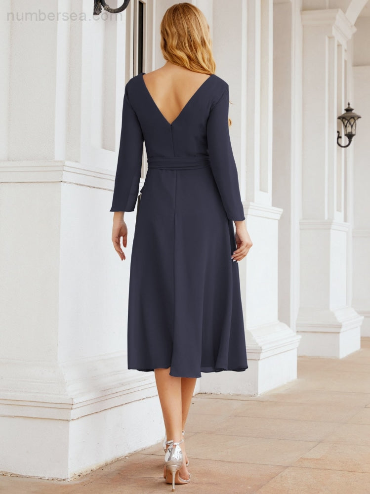 Vestido de dama de honor con escote en V y cinturón para madre de la novia, invitada de boda SY28031 
