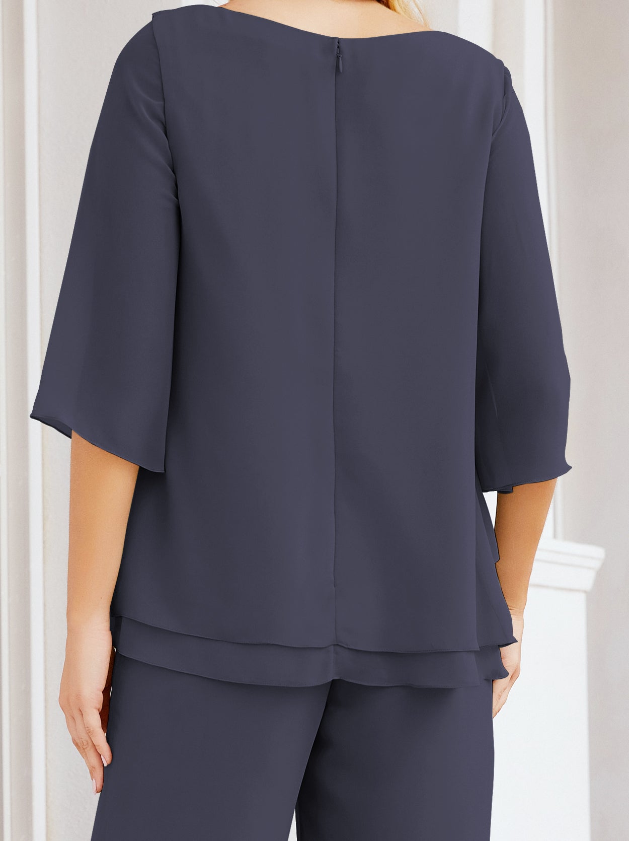Elegante vestido de dos piezas para madre de la novia, talla grande, pantalón, capas con volantes, bata plateada SY28064 