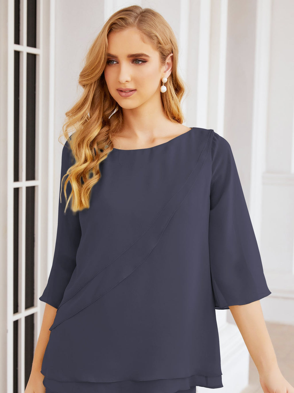 Elegante vestido de dos piezas para madre de la novia, talla grande, pantalón, capas con volantes, bata plateada SY28064 