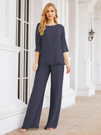 Elegante vestido de dos piezas para madre de la novia, talla grande, pantalón, capas con volantes, bata plateada SY28064 