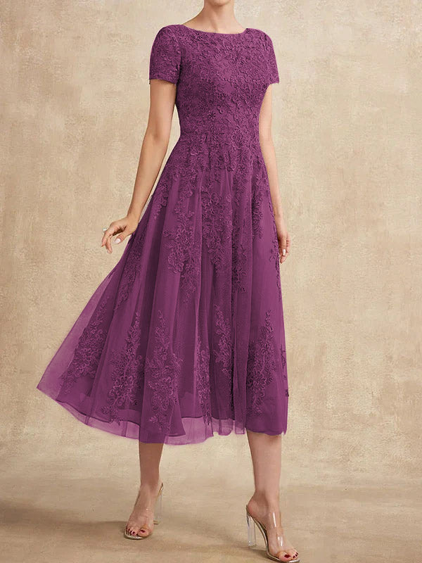 Vestido de madre de la novia de tul con encaje y corte en A, largo hasta la rodilla