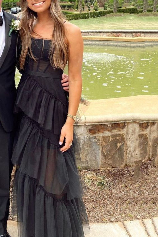 Elegante vestido de fiesta negro de tul en capas, corte A, vestido de noche largo con corsé transparente, vestido de graduación Y458