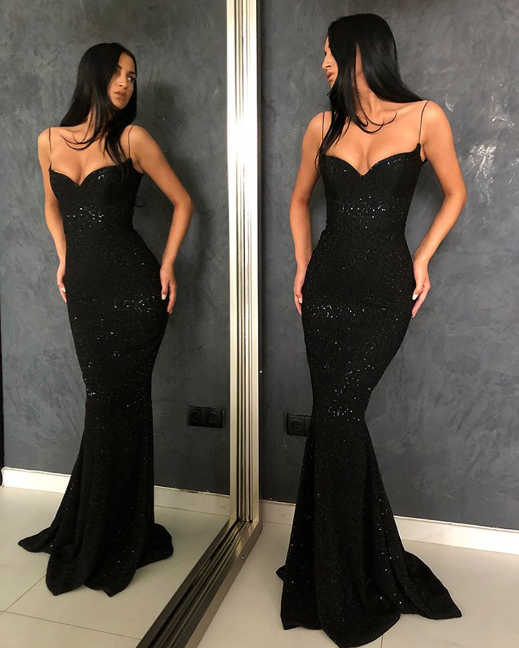 Spaghettiträger Herzausschnitt Pailletten Meerjungfrau Offener Rücken Ballkleid