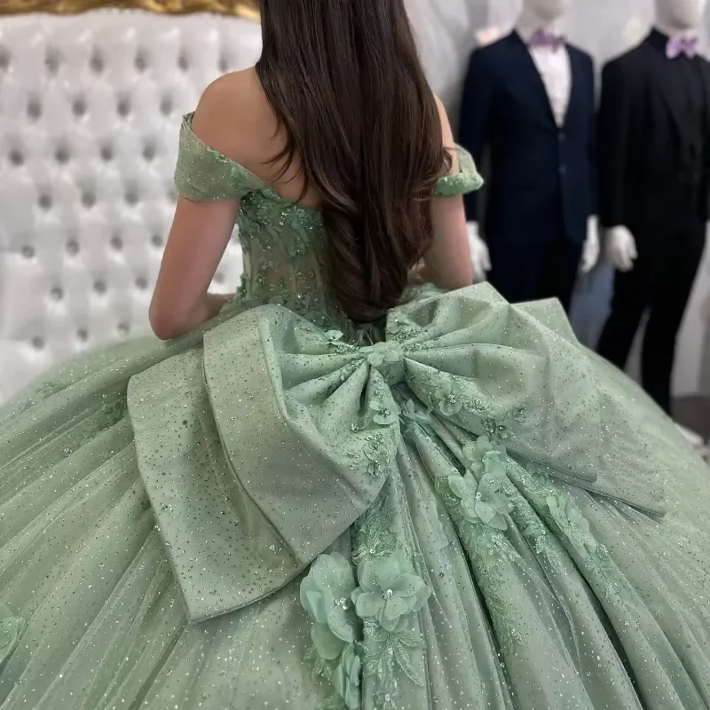 Glitzerndes Salbeigrünes Quinceanera-Kleid, Tüllapplikationen, Pailletten, Kristalle, Geburtstagsparty, Ballkleid mit Schleife, Y8116