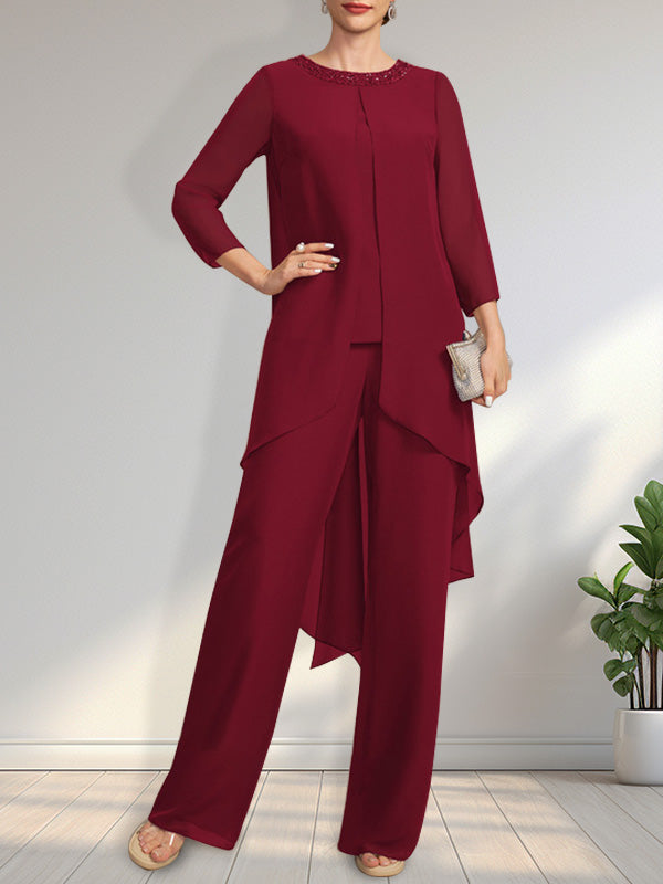 Vestido de gasa para madre de la novia con lentejuelas y abalorios, largo hasta el suelo y mono/pantalón separado