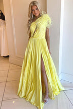 A Line Pleated One Shoulder Taffeta Prom Dress