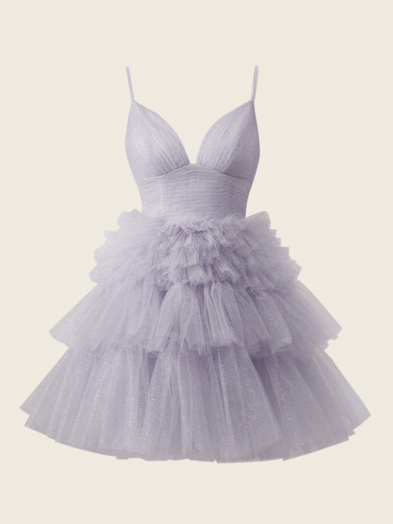 Layla | Kurzes A-Linien-Heimkehrkleid mit tiefem V-Ausschnitt und Stufen