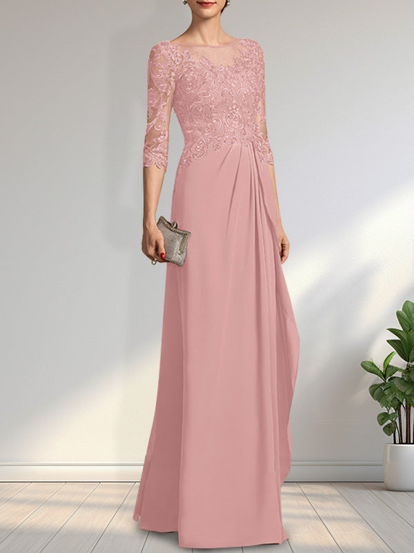 Vestido de gasa para madre de la novia con encaje, corte A, escote redondo, ilusión, largo hasta el suelo, con lentejuelas y abalorios y volantes en cascada