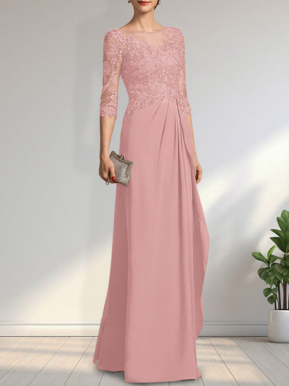Vestido de gasa para madre de la novia con encaje, corte A, escote redondo, ilusión, largo hasta el suelo, con lentejuelas y abalorios y volantes en cascada