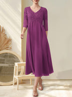 A-Linie V-Ausschnitt Wadenlanges Chiffon-Spitzenkleid für die Brautmutter mit Perlenbesatz