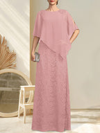 Vestido de madre de la novia de gasa con encaje, escote redondo y largo hasta el suelo, con lentejuelas y abalorios