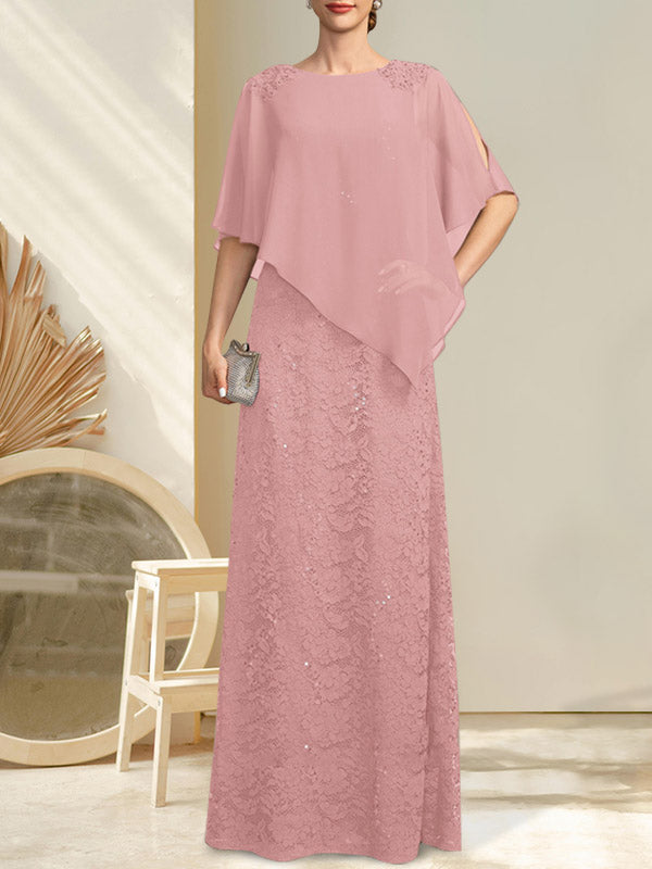 Vestido de madre de la novia de gasa con encaje, escote redondo y largo hasta el suelo, con lentejuelas y abalorios