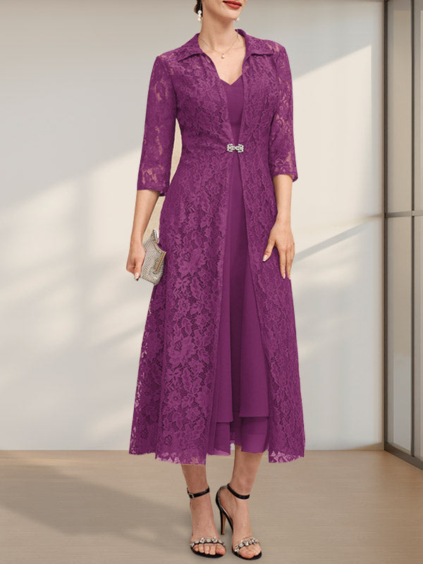 Vestido de gasa para madre de la novia con escote en V y corte A hasta la rodilla