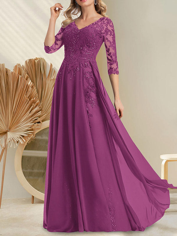 Vestido de madre de la novia de gasa con encaje, escote en V y lentejuelas, largo hasta el suelo